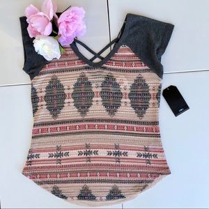 Cherokee Aztec Print Short Sleeve knit Top Shirt
